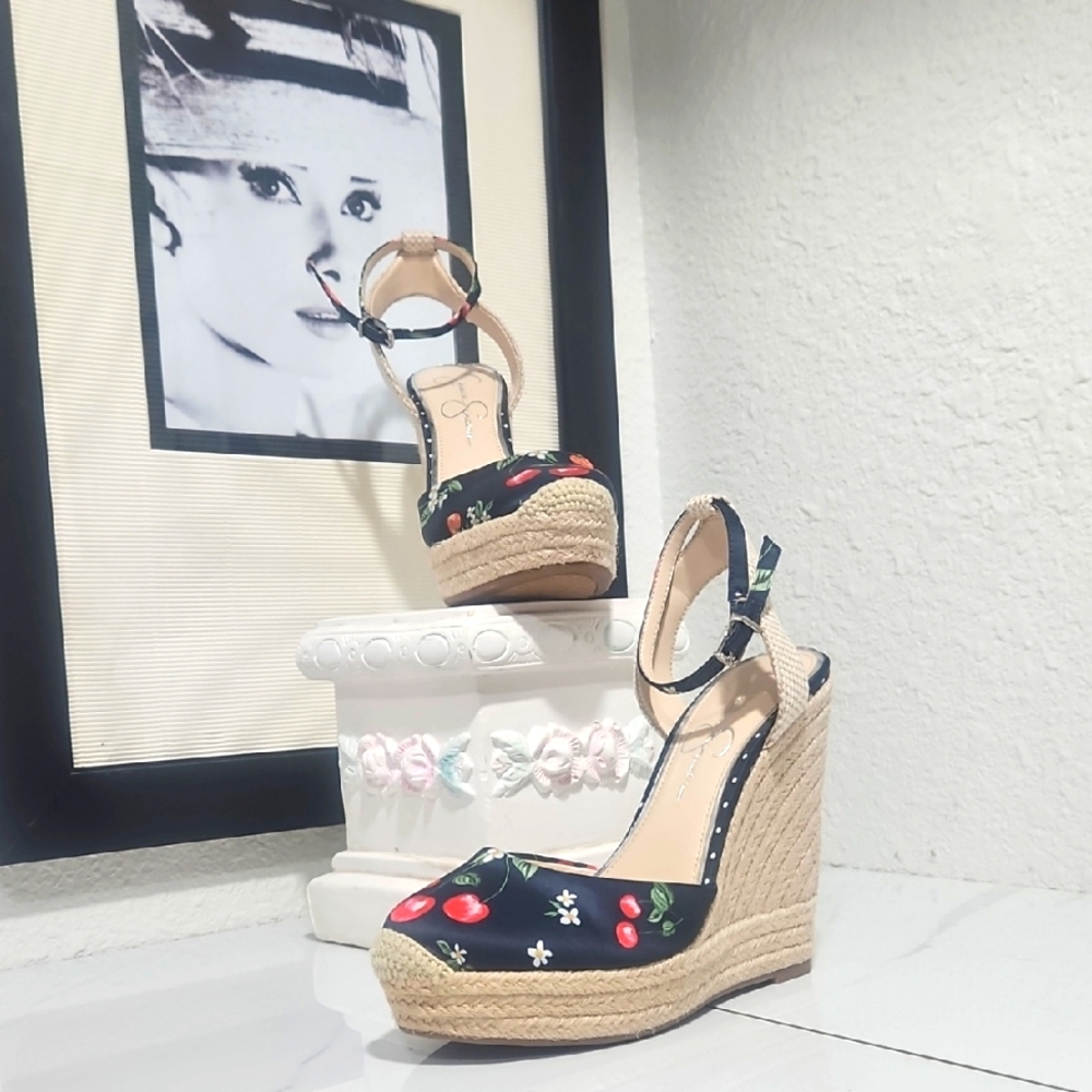Jessica Simpson Blue and Cream Wedge Sandals with Floral Footbed